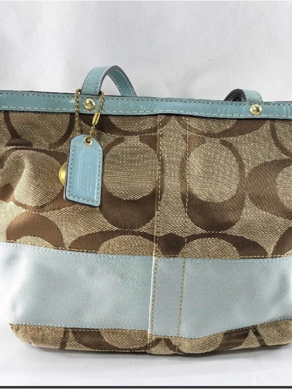 Coach Brown Signature Canvas Tote with Light Blue Trim
